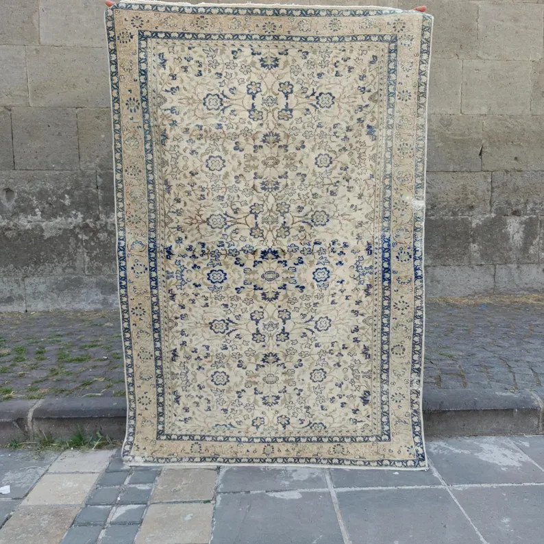 3.77 x 5.58 Vintage Turkish Kayseri Rug 4x6: Boho area rug Wool Rug taupe navy Blue | Etsy (US)