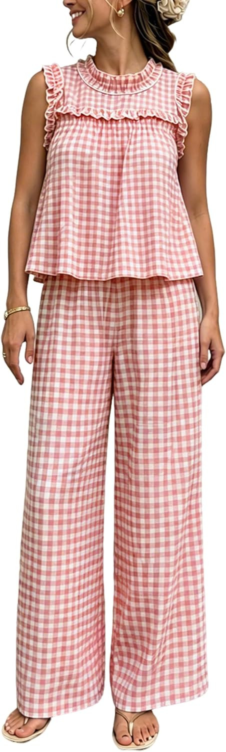 Aimiray Women's 2 Pieces Gingham Sets Summer Cotton Matching Suit | Amazon (US)