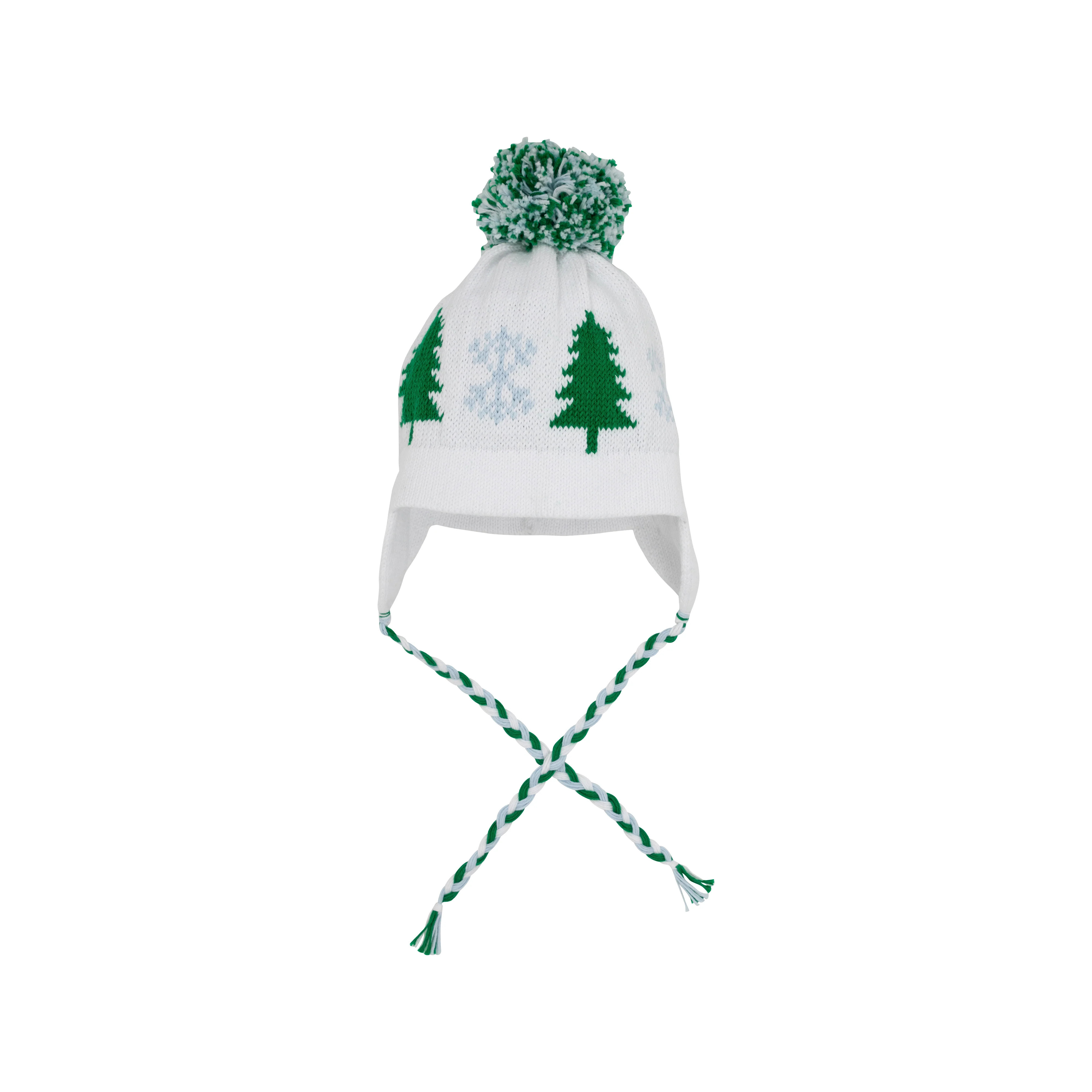 Parrish Pom Pom Hat - Worth Avenue White with Kiawah Kelly Green Trees & Buckhead Blue Snowflakes | The Beaufort Bonnet Company