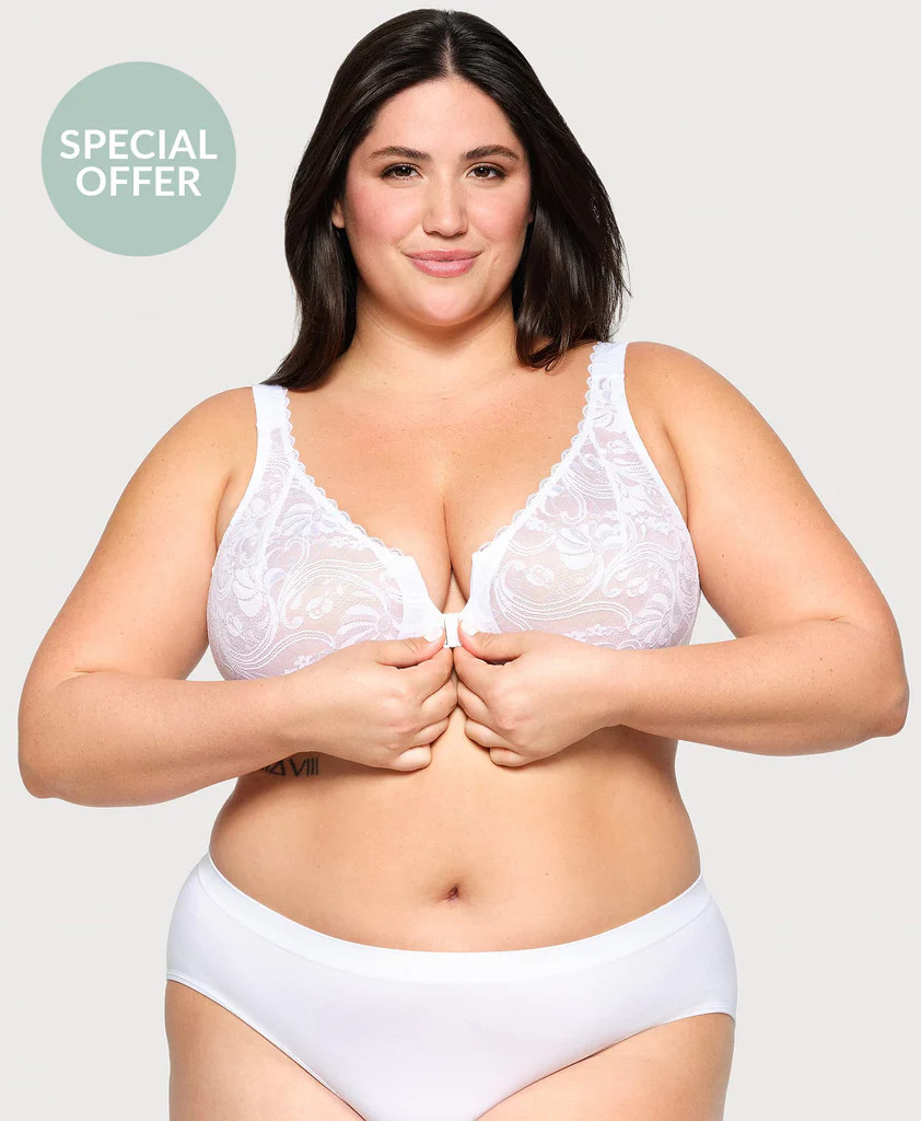 Front-Closure Stretch Lace WonderWire Bra White | Glamorise Foundations