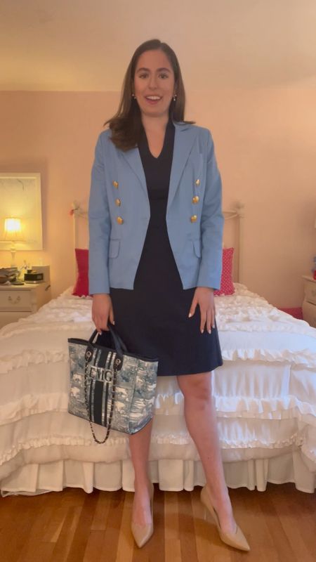 Outfit of the day, blazer, blue blazer, navy dress, work dress, Lily and bean bag, tote bag, toile bag, nude pumps, sarah flint heels, office outfit, office style, business professional, business casual, lawyer, attorney, workwear, blue blazer, blue and white bag, chanel bag

#LTKitbag #LTKfit #LTKworkwear