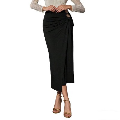 Women's Ruched Midi Pencil Skirt - High Waist Wrap Skirt with Decorative Buttons Black S | Target