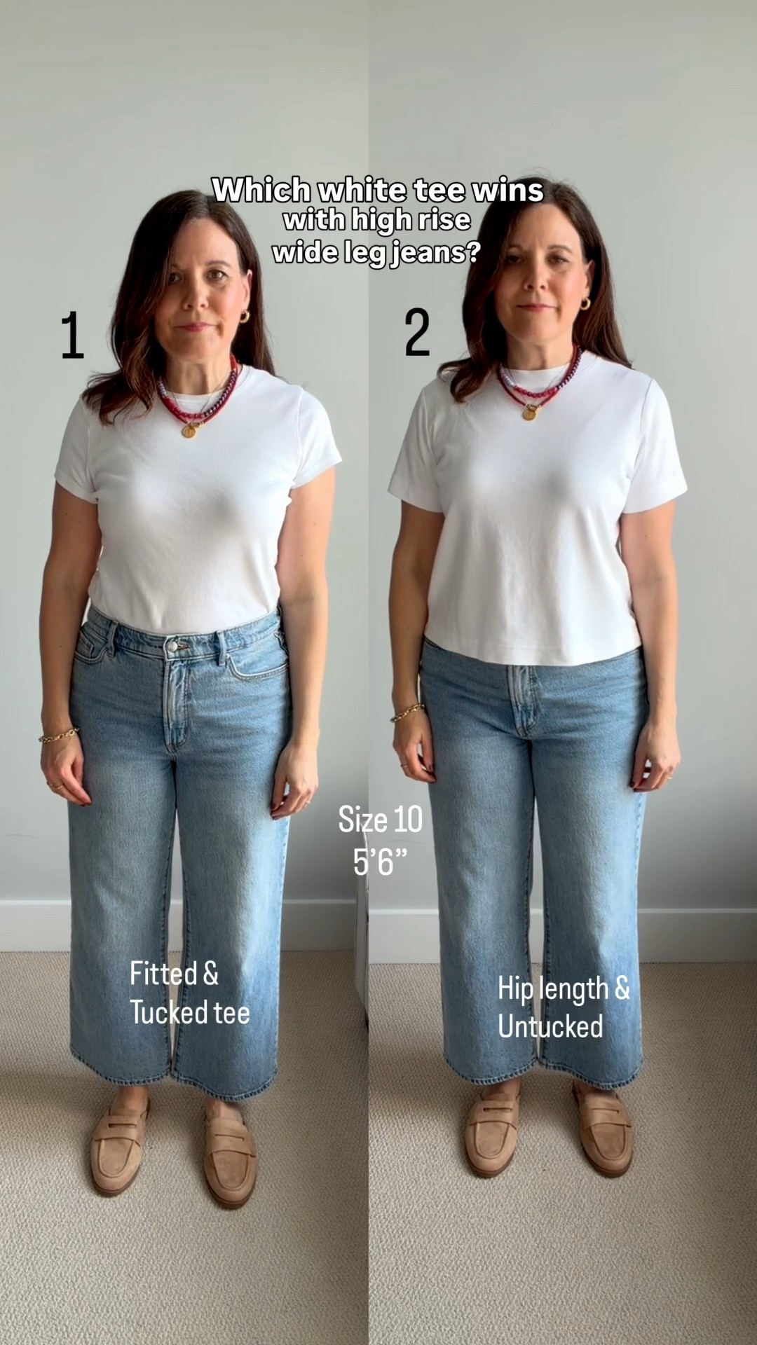 This is something I’ve been contemplating lately, and you’ve probably seen me grapple with it in other posts. I just needed to put it to rest by doing this post so I could see it with my own eyes. 😂

With high-rise, wide-leg cropped jeans, I know the usual advice is to wear a more fitted tee and tuck it in.

But I previously did a carousel with pink wide-leg cropped jeans with a 13” rise, and a fitted + tucked tee was NOT good with them. So it makes sense that my instinct with wide-leg jeans has been to reach for a hip-length tee and wear it untucked for more coverage.

But after seeing these options side by side, fitted + tucked wins for me with THESE jeans.

So why am I okay with it here? I wondered the same thing. 😂 I pulled out both pairs of jeans and realized these have a 12” rise. That one inch makes a difference!

Here, the fitted + tucked tee gives me a longer, leaner-looking upper-body silhouette than the untucked tee.

The hip-length untucked tee makes me look so boxy with the wide-leg jeans. Front tucking it doesn’t improve the silhouette enough for me, and the relaxed tee tucked + bloused adds too much volume up top.

So my takeaway?

A hip-length untucked tee can still work with straight jeans since they’re slimmer through the leg, or when I need to skim over a waistband that I don’t love the look of.

But I’m realizing I can’t lump all “high-rise” wide-leg jeans together. For me, 12” and 13” rises are a different story. And at this point, I’m over 13” rises…I’m not wearing those anymore. 😂 With this 12” rise? I’m going fitted + tucked.

Which white tee wins for you: 1, 2, 3, or 4?

#LTKOver40 #LTKSaleAlert #LTKMidsize