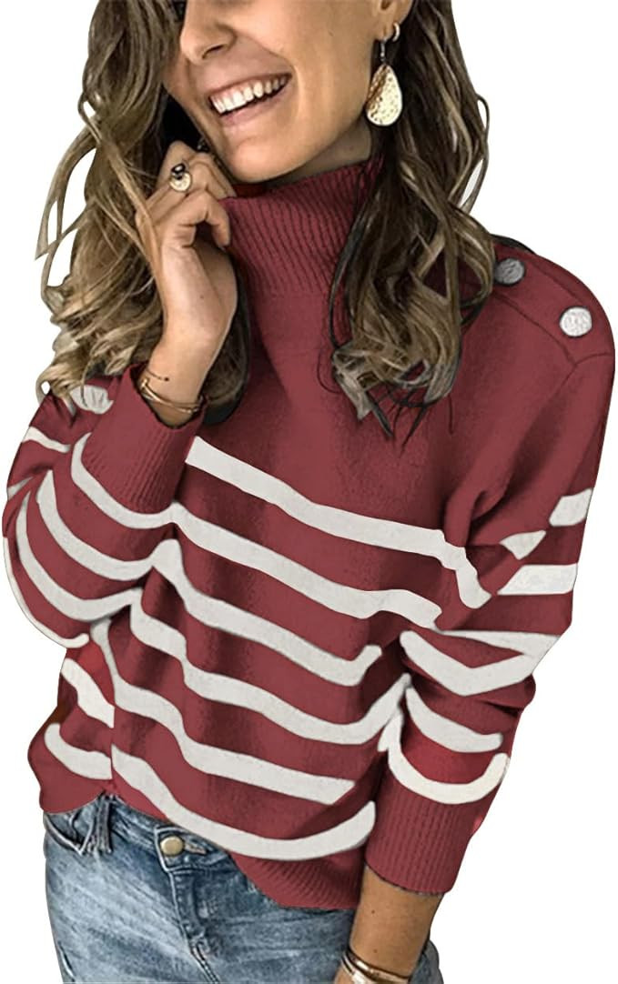 KIRUNDO Fall Sweaters for Women 2025 Striped Turtleneck Ribbed Knit Sweater Trendy Pullover Jumpe... | Amazon (US)