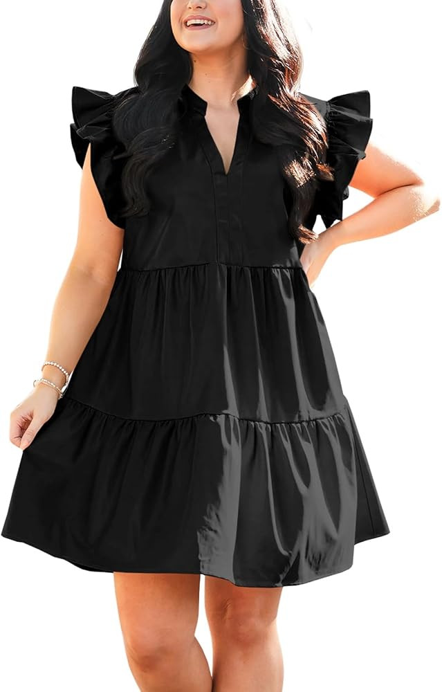 Fisoew Plus Size Dresses for Women Summer Ruffle Short Sleeve V Neck Dress Tiered Swing A Line Ba... | Amazon (US)