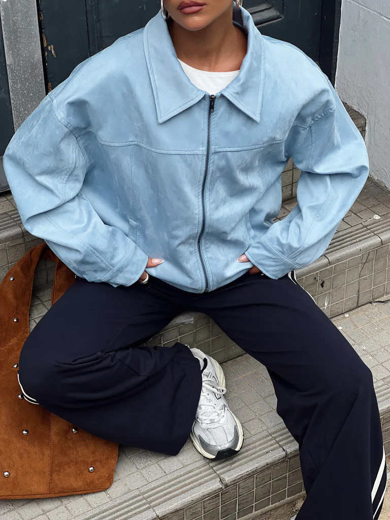 Goldsmith Faux Suede Bomber Jacket Blue | Princess Polly AU