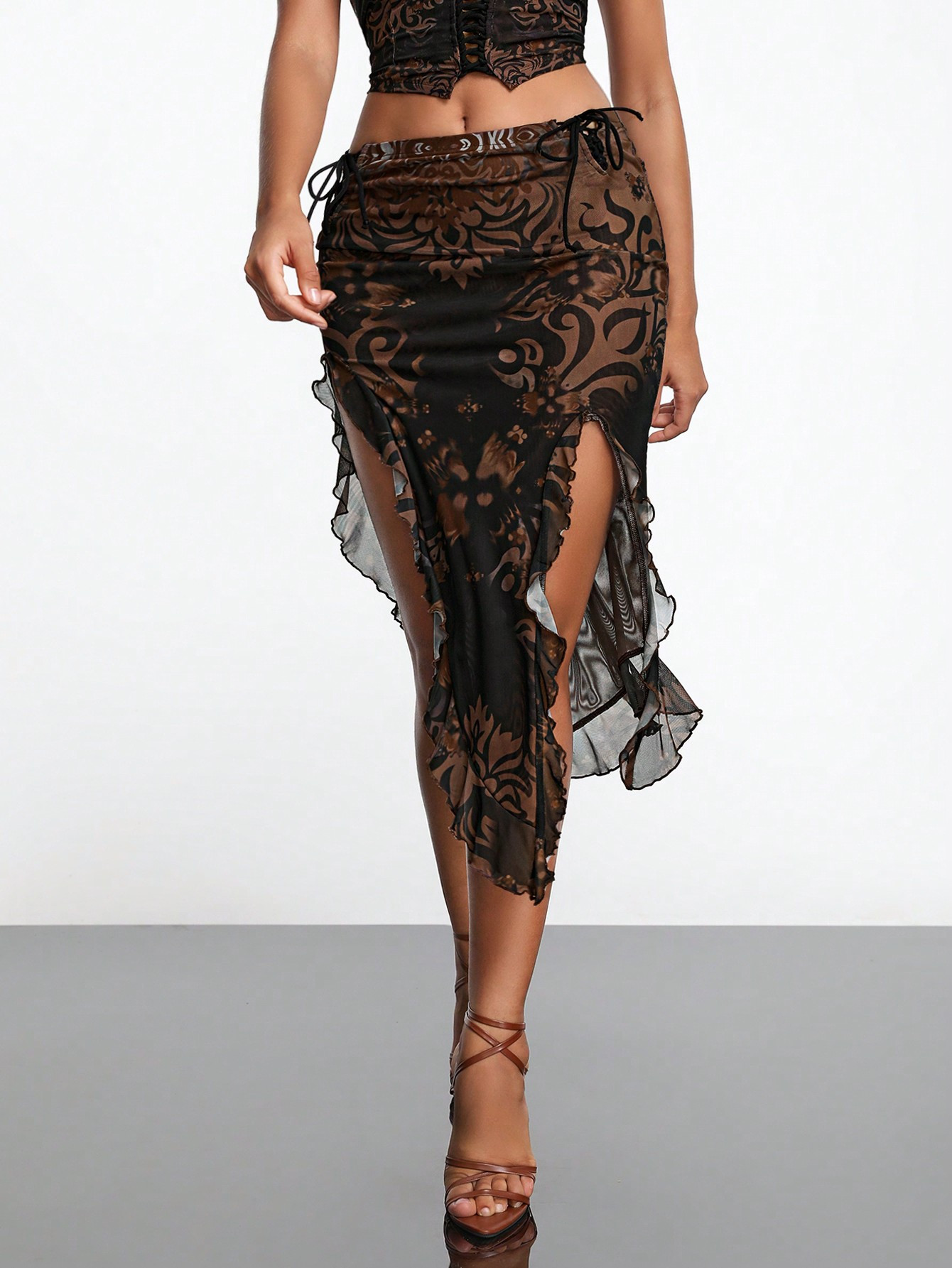 AVEEATION Designer Women's Floral Mesh Spliced Skirt With Ruffled Hem And Side Slit | SHEIN