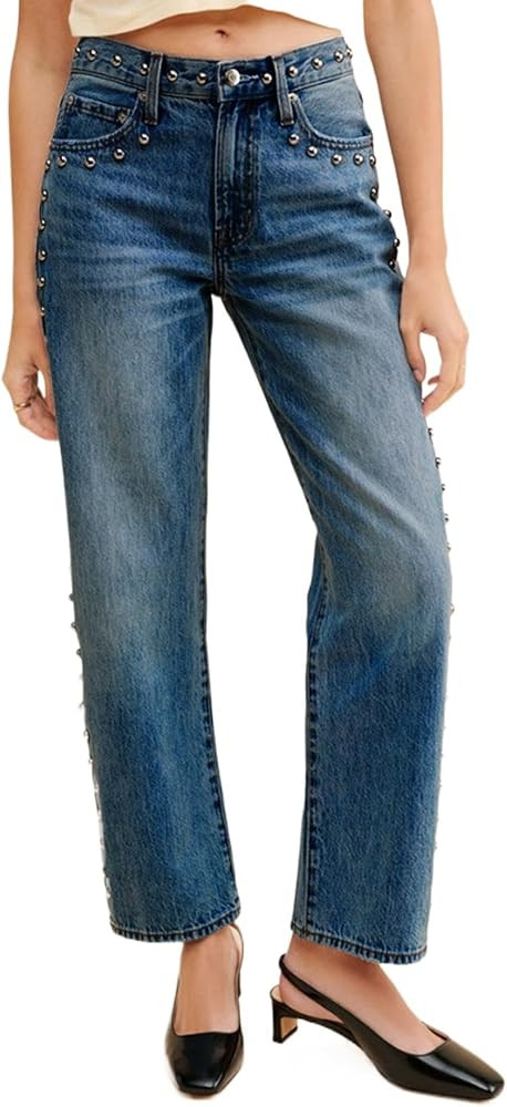 D-Sun Women's Studded Mid Rise Straight Jeans Wide Leg Casual Jeans Rivet Baggy Denim Pants | Amazon (US)