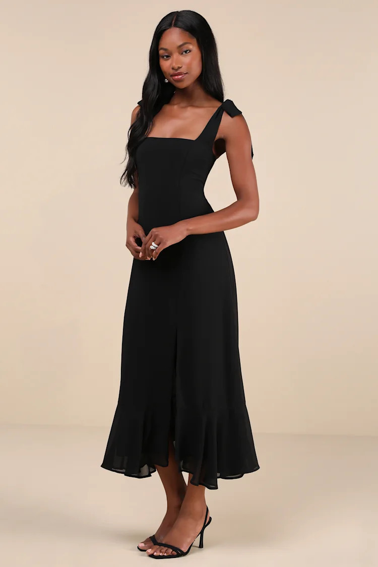 Summer Invite Black Tie-Strap Tiered Midi Dress | Lulus