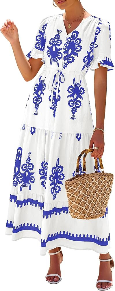 Lazysmile Summer Dresses for Women Short Sleeve V Neck Floral Drawstring Flowy A Line Boho Maxi D... | Amazon (US)