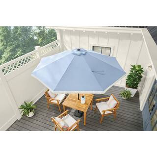 9 ft. Aluminum Market Crank and Auto-Tilt Patio Umbrella in Morning Glory Blue with Fringe Trim | The Home Depot