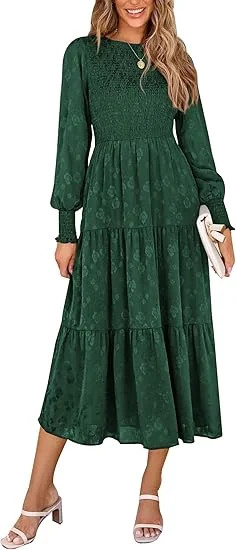PRETTYGARDEN Women's Fall Spring Midi Dress Long Sleeve Floral Smocked Elegant Wedding Guest Long... | Walmart (US)