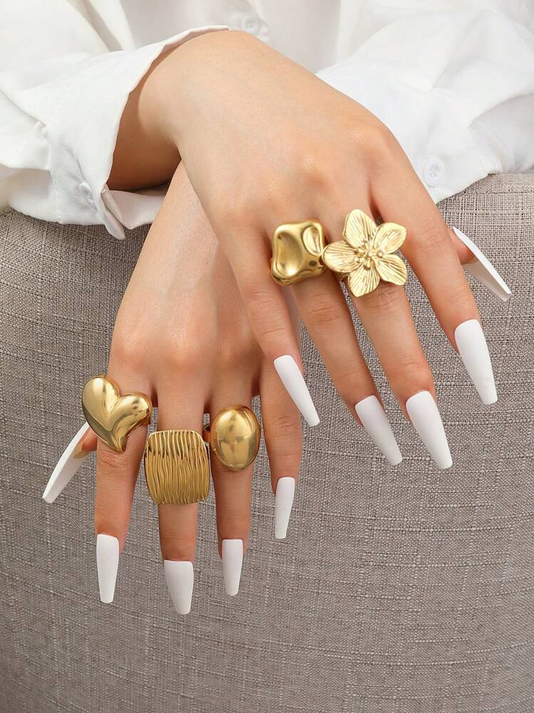Onelike 5pcs Stainless Steel Fashionable Exaggerated Golden Flower Heart And Other Shapes Ring Se... | SHEIN