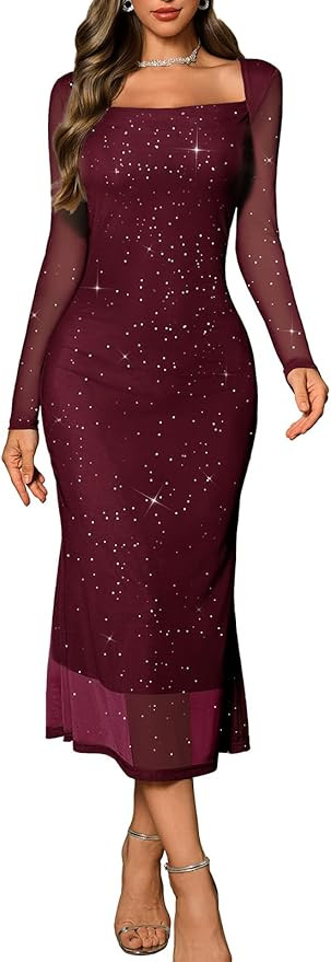 DRESSTELLS Women's Formal Cocktail Long Sleeve Wedding Guest Sequin Sparkly Holiday Party Mesh Bo... | Amazon (US)