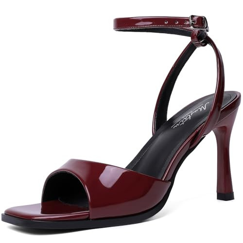 Mostrin Burgundy Heels for Women Square Open Toe Heeled Sandals Ankle Strap Sexy Red High Heels for Party, Prom, Wedding Dressy Pumps Shoes Size 10 | Amazon (US)
