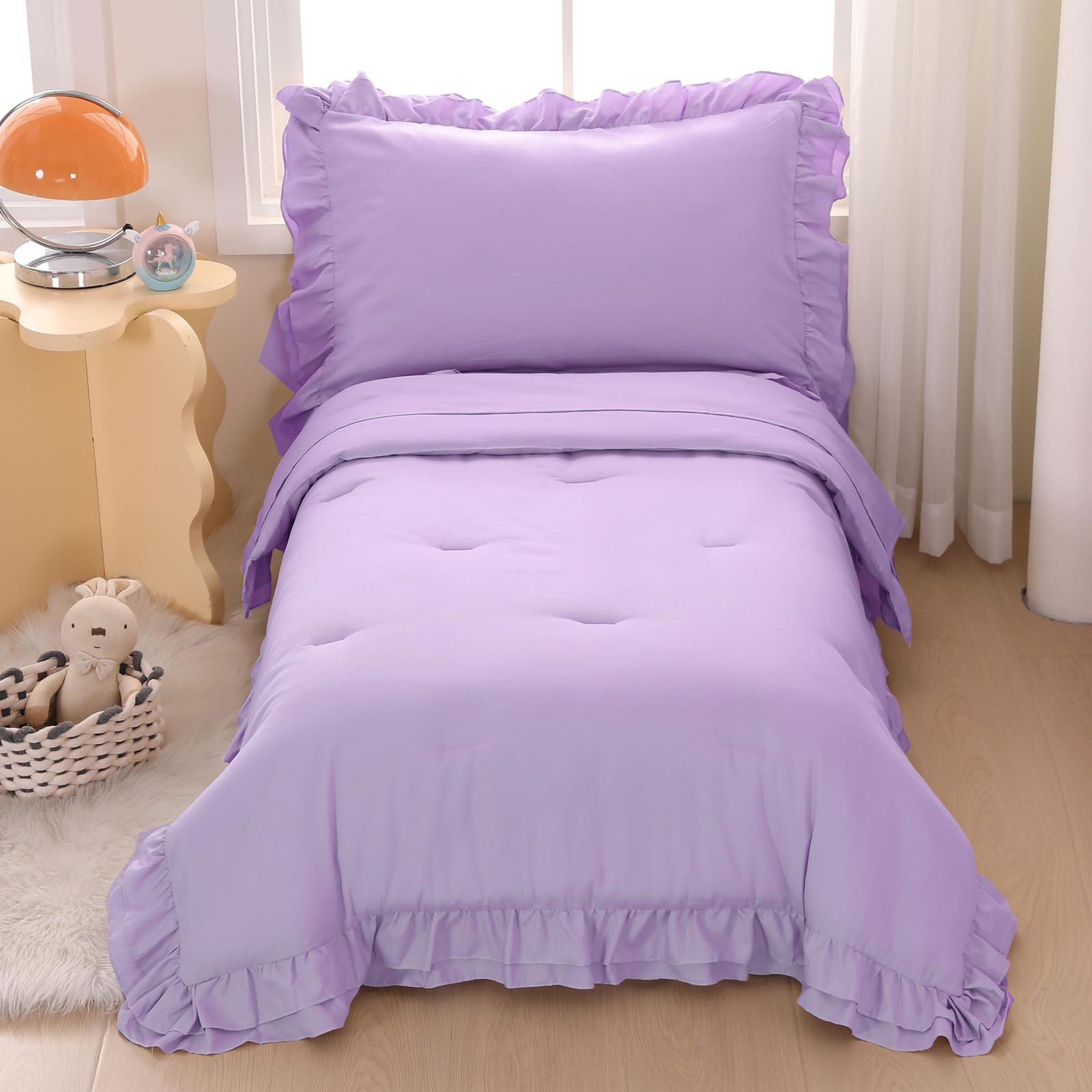 Wowelife 4 Pieces Toddler Bedding Set for Girls, Double Ruffles Comforter Sets Lavender Purple, C... | Amazon (US)