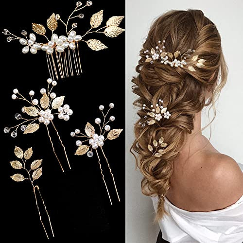 4 Pieces Bridal Wedding Hair Pins Gold Leaf Crystal Pearl Hair Pins Clips Flower Headpiece Vintage Wedding Hair Accessories for Brides Bridesmaids Women Girls | Amazon (US)