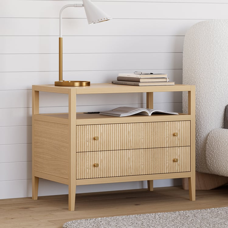 Stria 30" Fluted 2-Drawer Wide Smart Wood Nightstand | Homary