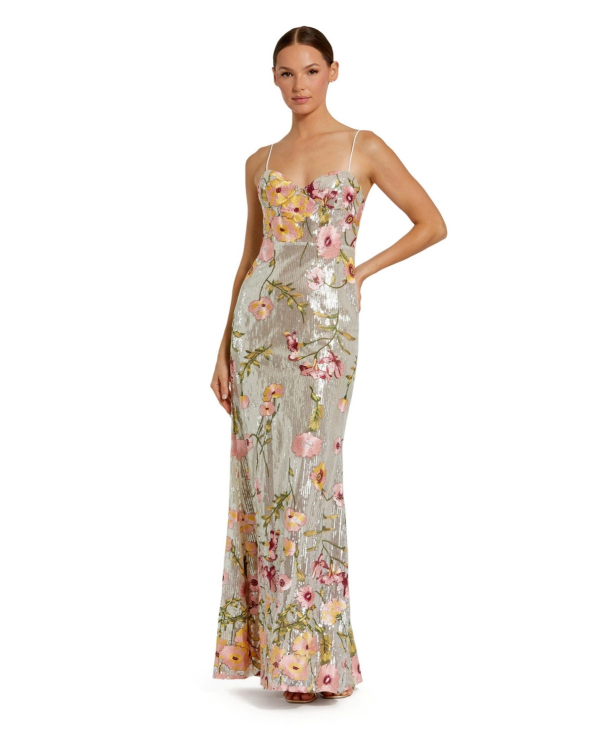 Mac Duggal Women's Sleeveless Bustier Floral Applique Gown - Silver multi | Macy's