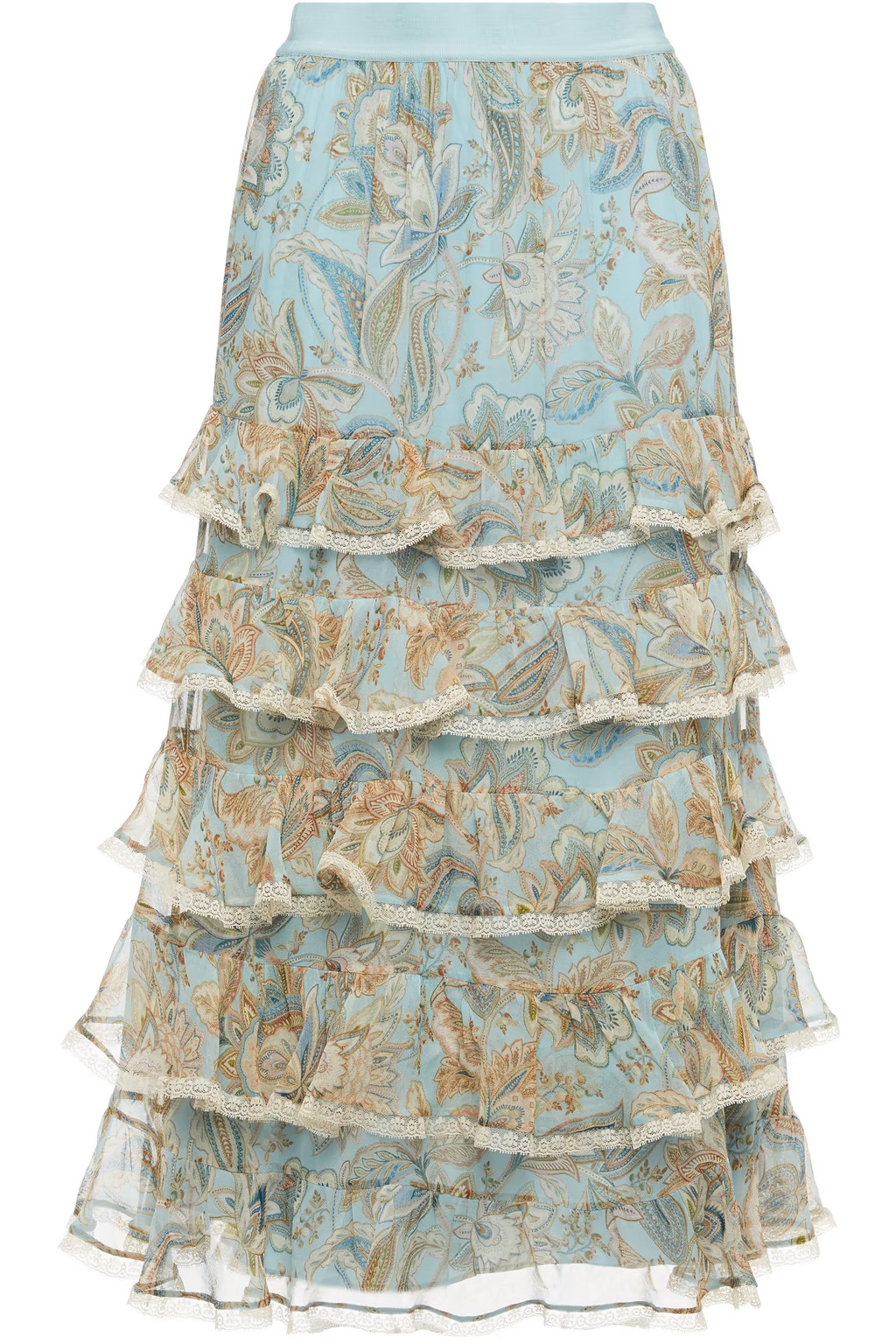 Sky blue Ladybeetle tiered lace-trimmed printed silk-georgette midi skirt | Sale up to 70% off | ... | The Outnet (US and CA)