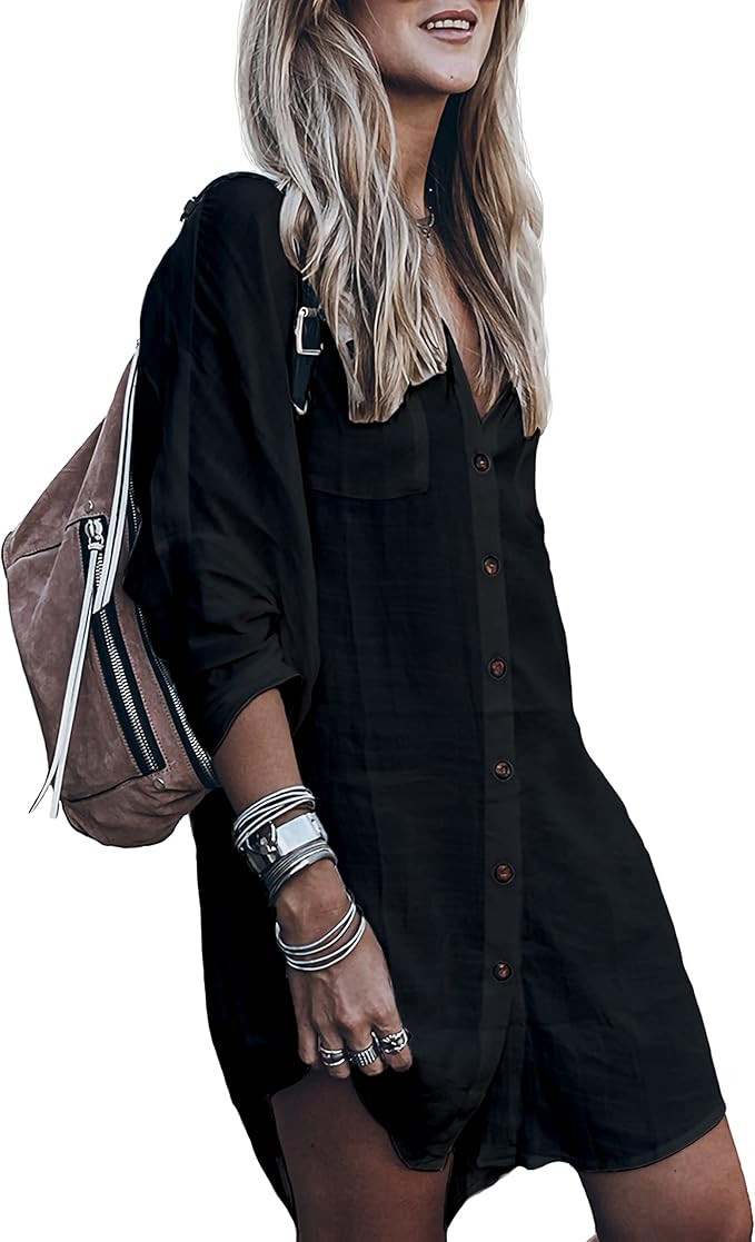 Women’s Swimsuit Cover up,Silky Button Down Shirt Midi Dress Kimono,Summer Bathing Suit Beach C... | Amazon (US)