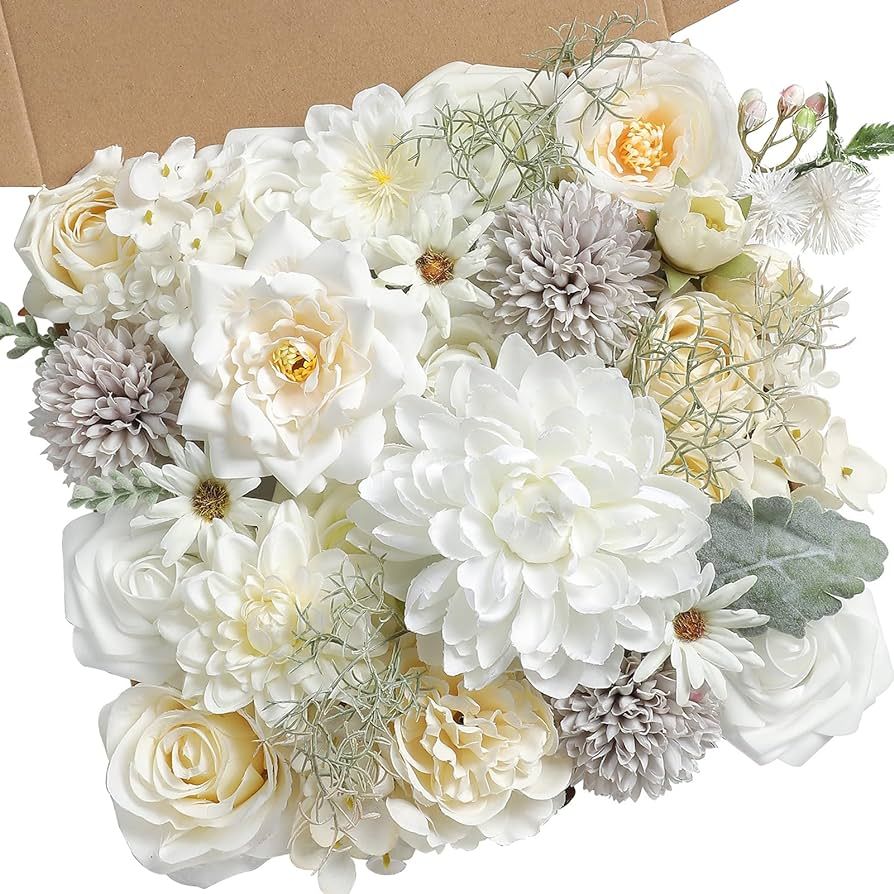 White Artificial Flowers Combo Box Set Fake Flowers Bulk Flower Leaf with Stems for DIY Wedding B... | Amazon (US)