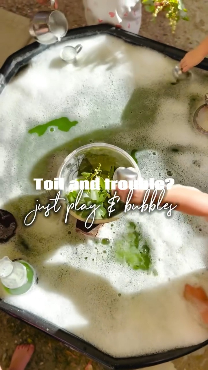 Double, double, toil and trouble…
but here it’s just play and bubbles.

A simple setup of water, color, and a little soap transforms into endless discovery.

What feels like magic is really science in action. Children explore cause and effect, strengthen hand-eye coordination, and practice problem-solving as they scoop, pour, and pop.

Because play is never just play.
It’s connection. It’s discovery. It’s growth. Play like this doesn’t just spark giggles…it builds brains.

#waldorfinspired #playbasededucation #preschoolmagic #playmatters #watertable #tufftray #halloween

#LTKKids #LTKHalloween #LTKFamily