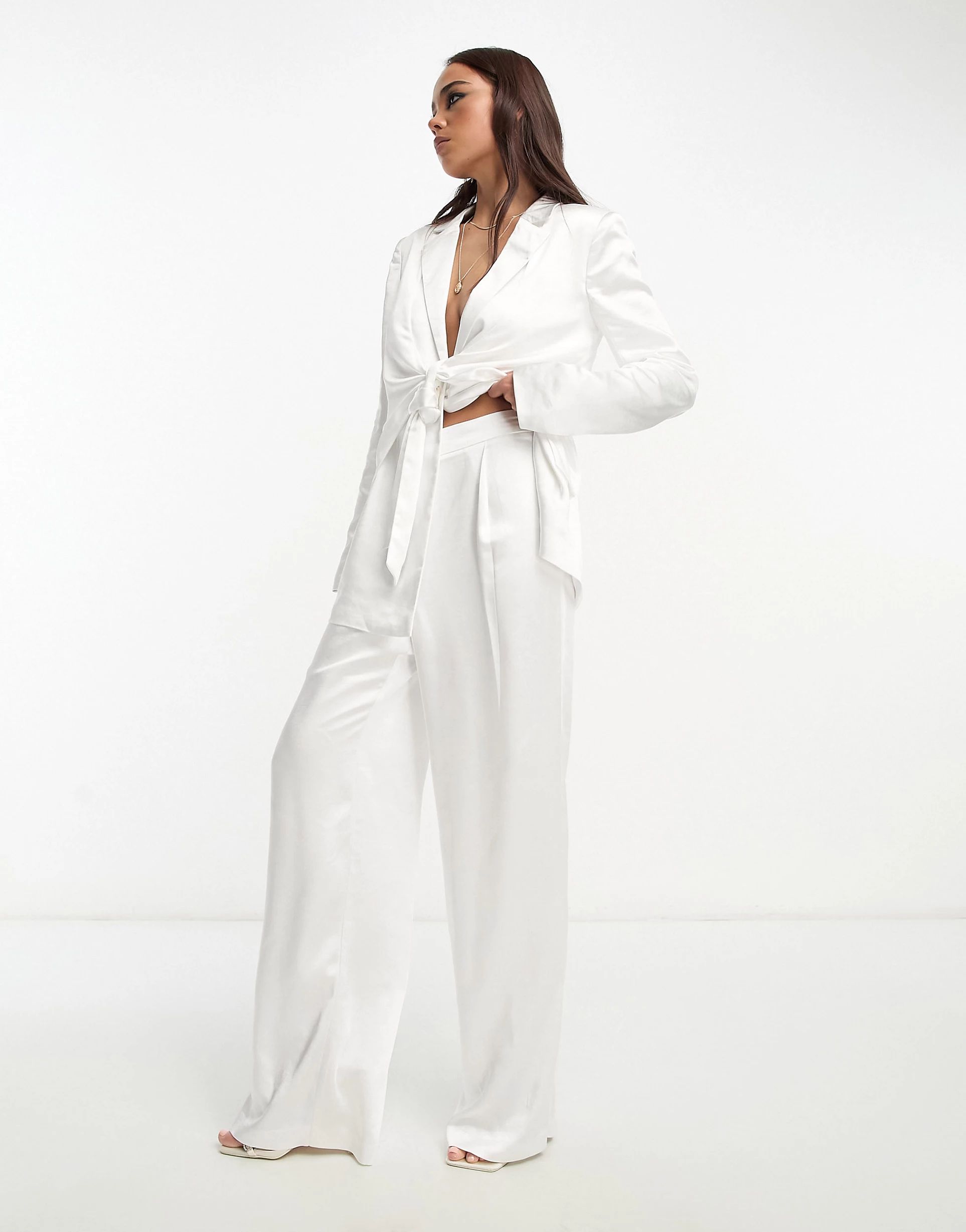 4th & Reckless satin tailored wide leg pants in white - part of a set | ASOS (Global)