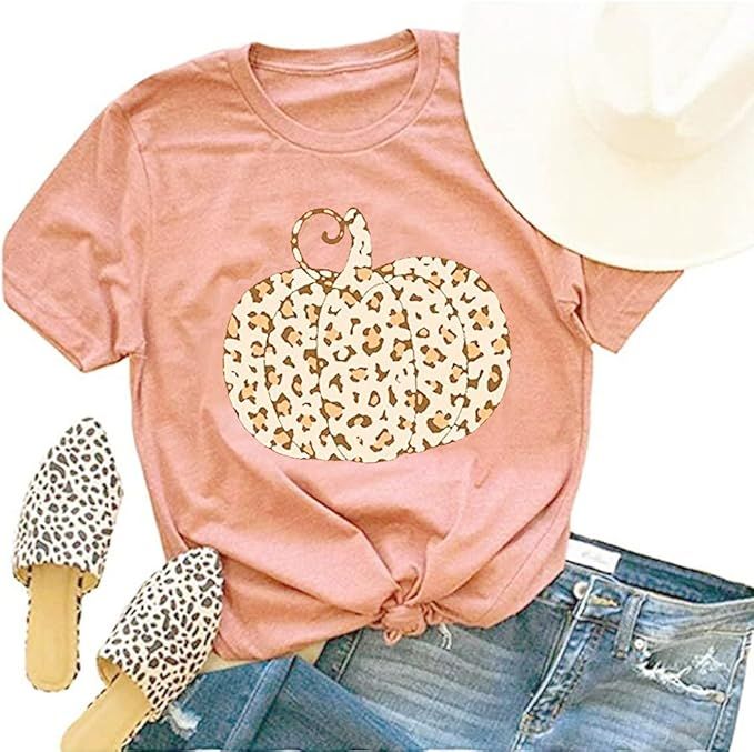 Halloween Pumpkin Shirt Women Plaid Leopard Graphic Tees Funny Cute Short Sleeve Fall Shirt Thank... | Amazon (US)