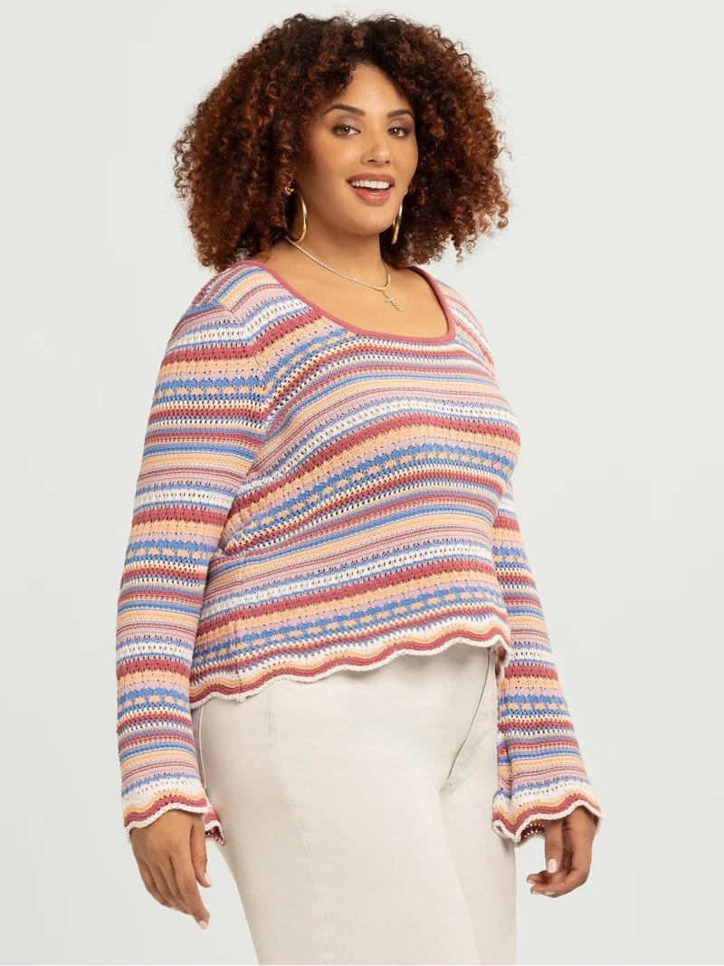 Jessica Simpson Women's Lilianna Cotton Pointelle Sweater with Long Sleeves, Lightweight, Sizes X... | Walmart (US)