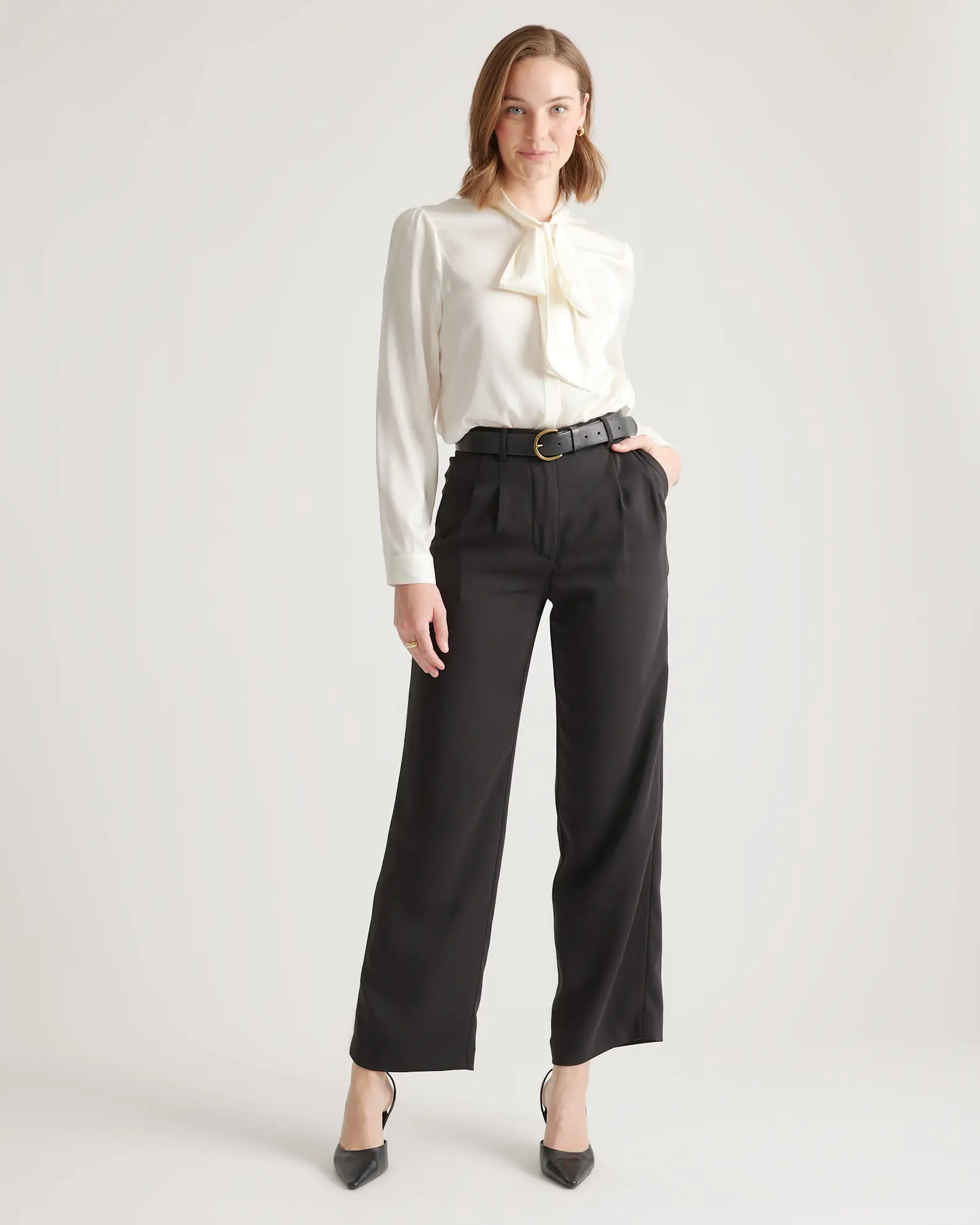 Washable Stretch Silk Tie Neck Blouse  in Ivory | Quince