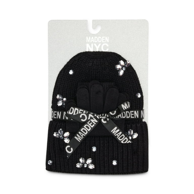 Madden NYC Women's Cuffed Beanie with Rhinestones and Magic Gloves, 2-Piece Gift Set | Walmart (US)
