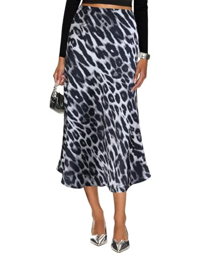 Yewanka Women's Silk Satin Midi Skirt Elastic High Waisted A-Line Cheetah Print Leopard Long Skirts for Women Trendy (Leopard Grey, Small) | Amazon (US)