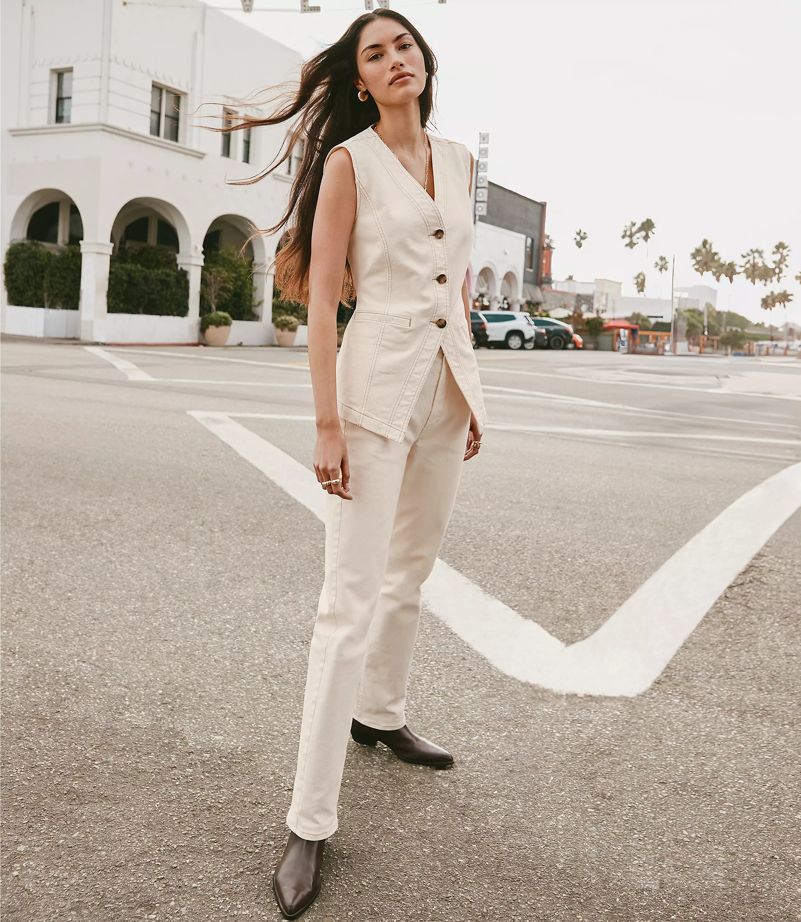 Rivete Petite High Rise Straight Jeans in Ivory | LOFT