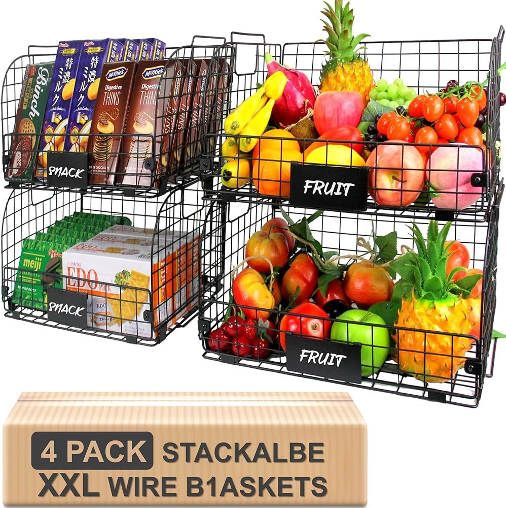 4 PACK XXL Stackable Wire Baskets for Storage Pantry,Fruit Basket For Kitchen Cabinet 16.3''x12''... | Amazon (US)