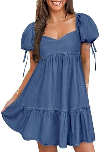 POTILI Denim Dress for Women Puff Short Sleeve Jean Dresses Sweetheart Neck Denim Mini Dress | Amazon (US)