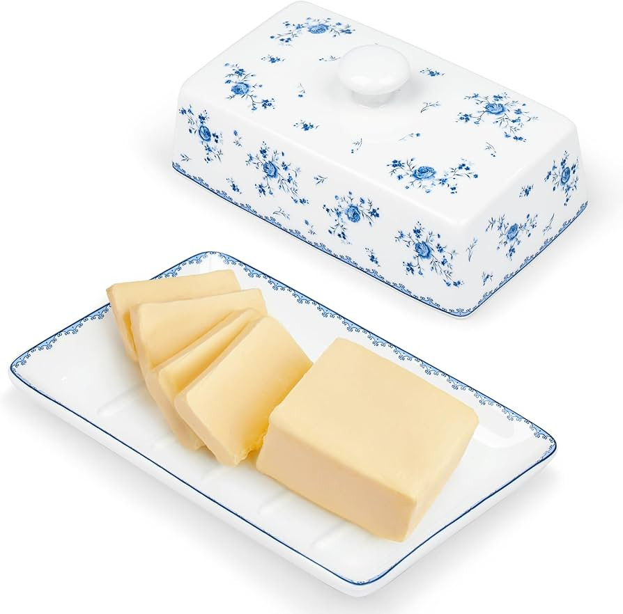 fanquare Porcelain Butter Dish with Lid, Classic Ceramic Butter Keeper with Raised Leg, Butter Di... | Amazon (US)