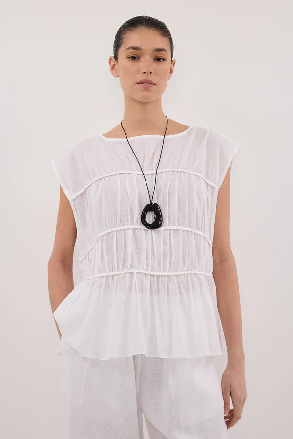 FLYNN WHITE LINEN BLEND TIERED TOP | DISSH
