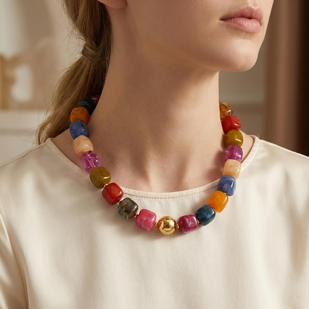 Mchic Colorful Beaded Choker Necklace for Women: Boho Large Square Acrylic Beaded Necklace Stainl... | Amazon (US)