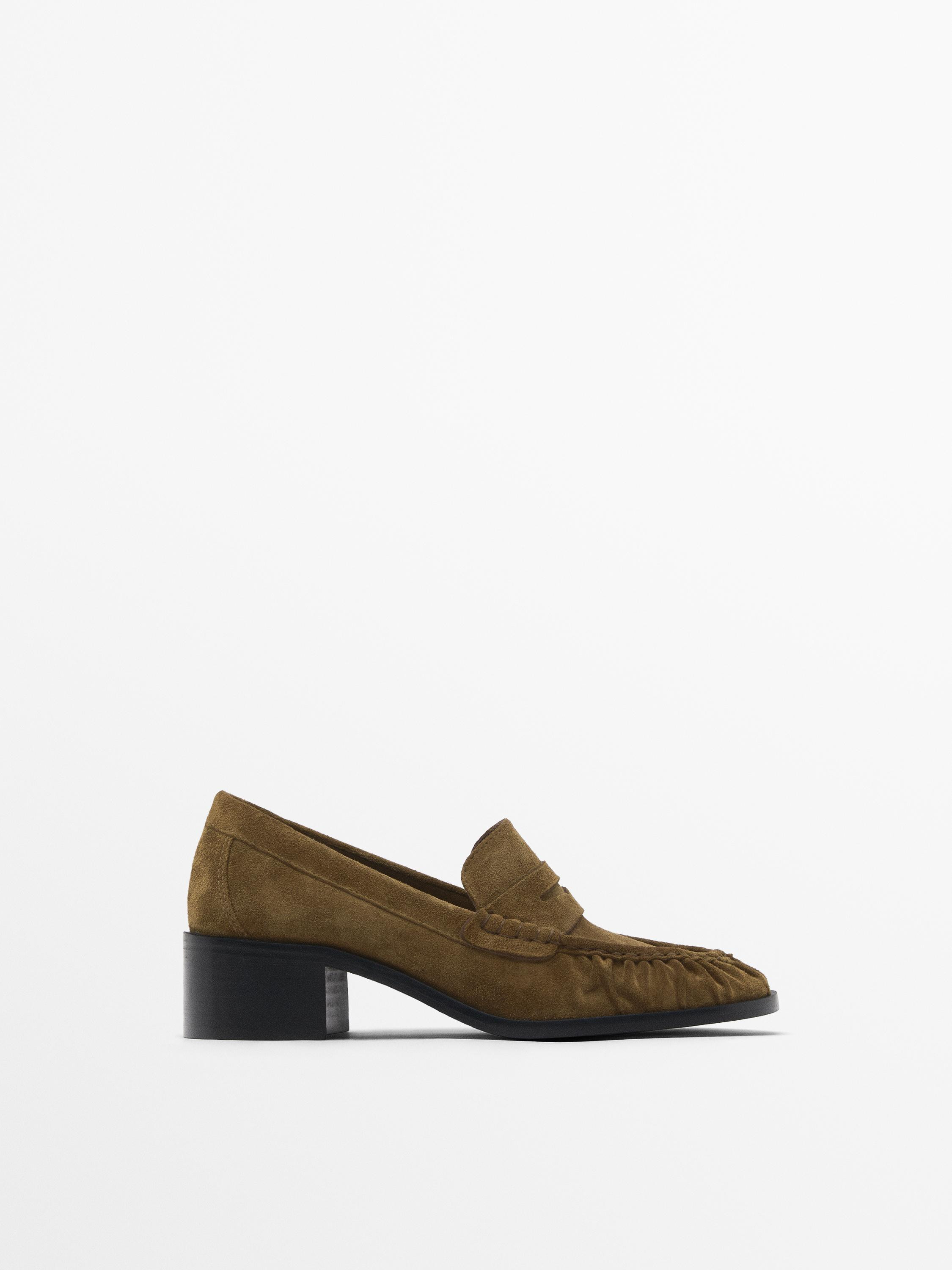 Split leather heeled loafers | Massimo Dutti US