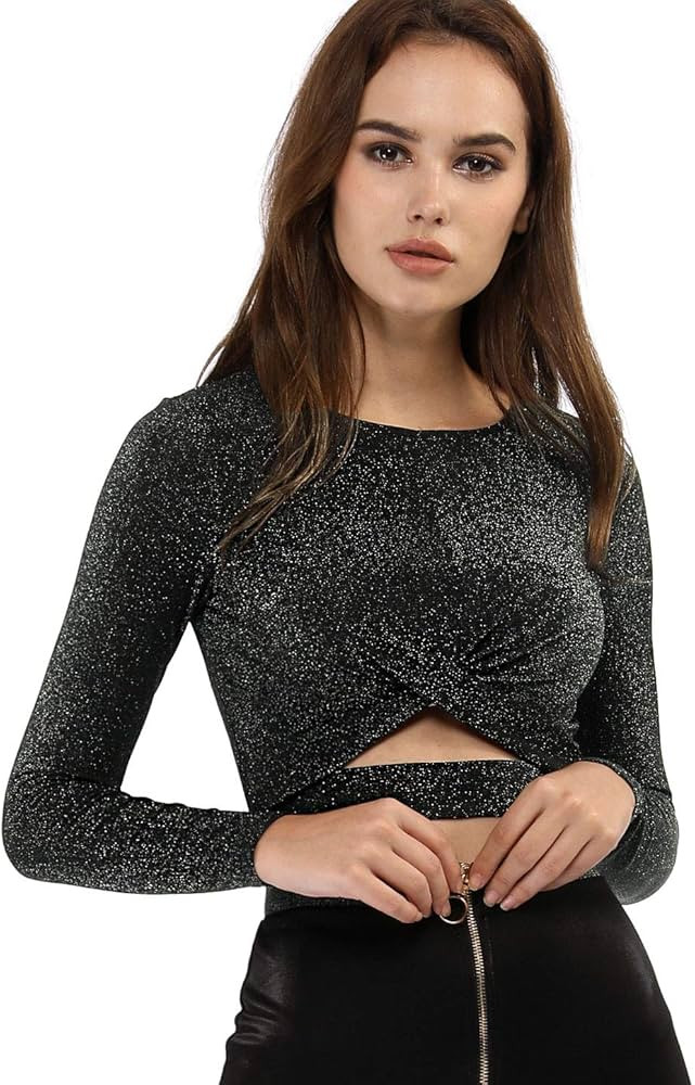 Allegra K Women's Glitter Tops Twist Long Sleeve Cut Out Front Slim Fitted Crop Top | Amazon (US)