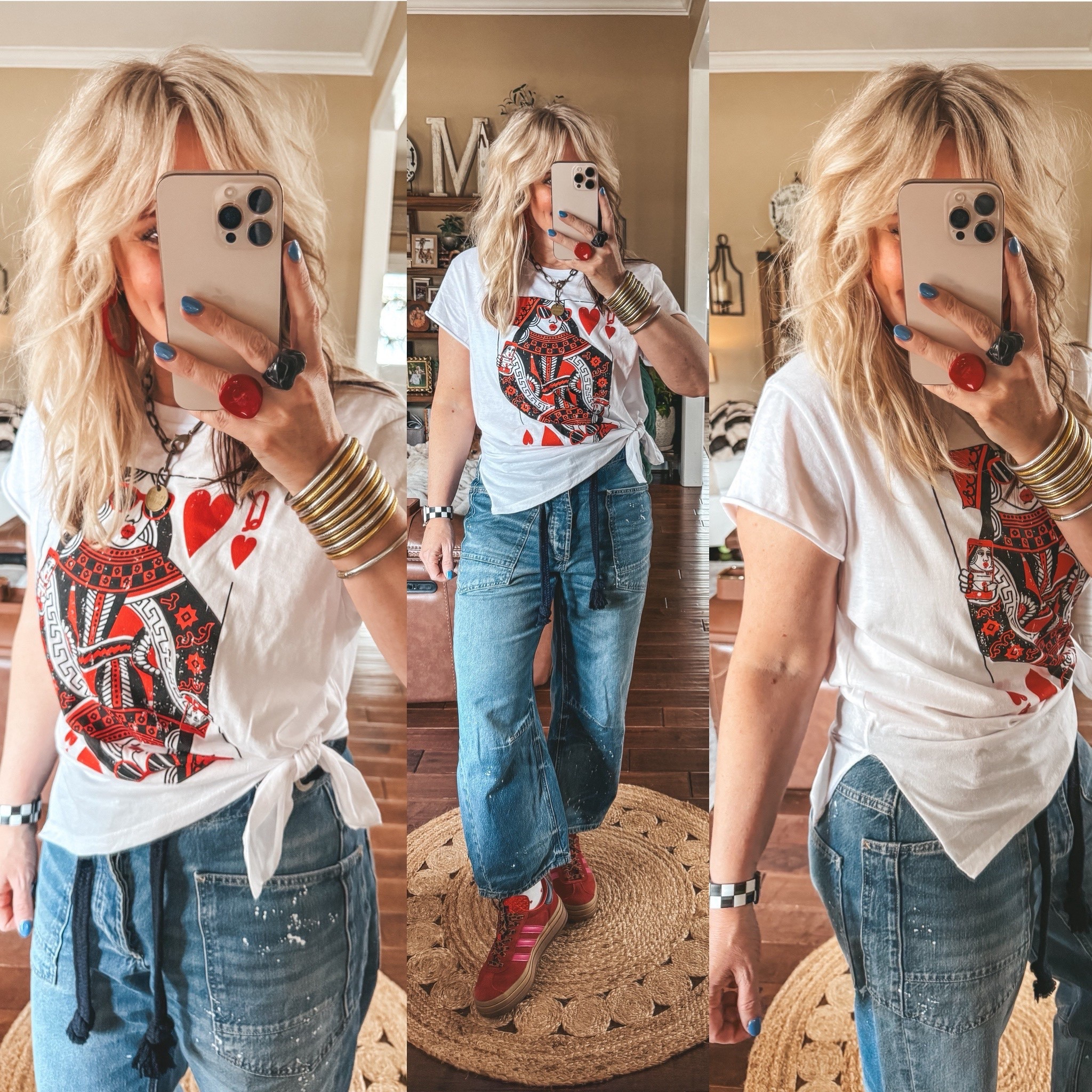 This tee is so fun and on sale! Love to cut a tee like this so it’s easy to do a side knot. 
Also my baggy jeans are some of my favorites. 
Tee XL
Jeans I size down 
My necklace is @twistedsilver save with code MANDIE20 

#LTKootd #LTKOver40 #LTKValentine