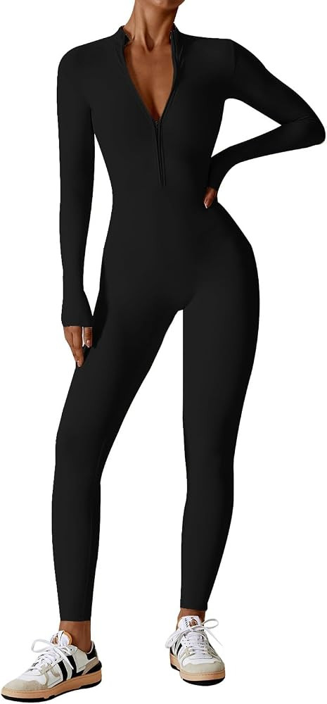 ECUPPER Women Long Sleeve Bodycon Jumpsuits Workout Zip Up Unitard One Piece Full Bodysuits Sexy ... | Amazon (US)