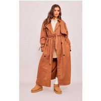 Tan Faux Suede Trench Coat | PrettyLittleThing US