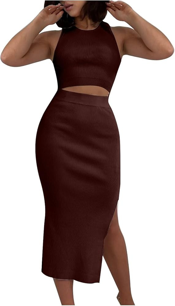 BTDECLAR 2 Piece Outfits for Women Elegant Knit Crew Neck Sleeveless Ribbed Crop Top Bodycon Slit... | Amazon (US)