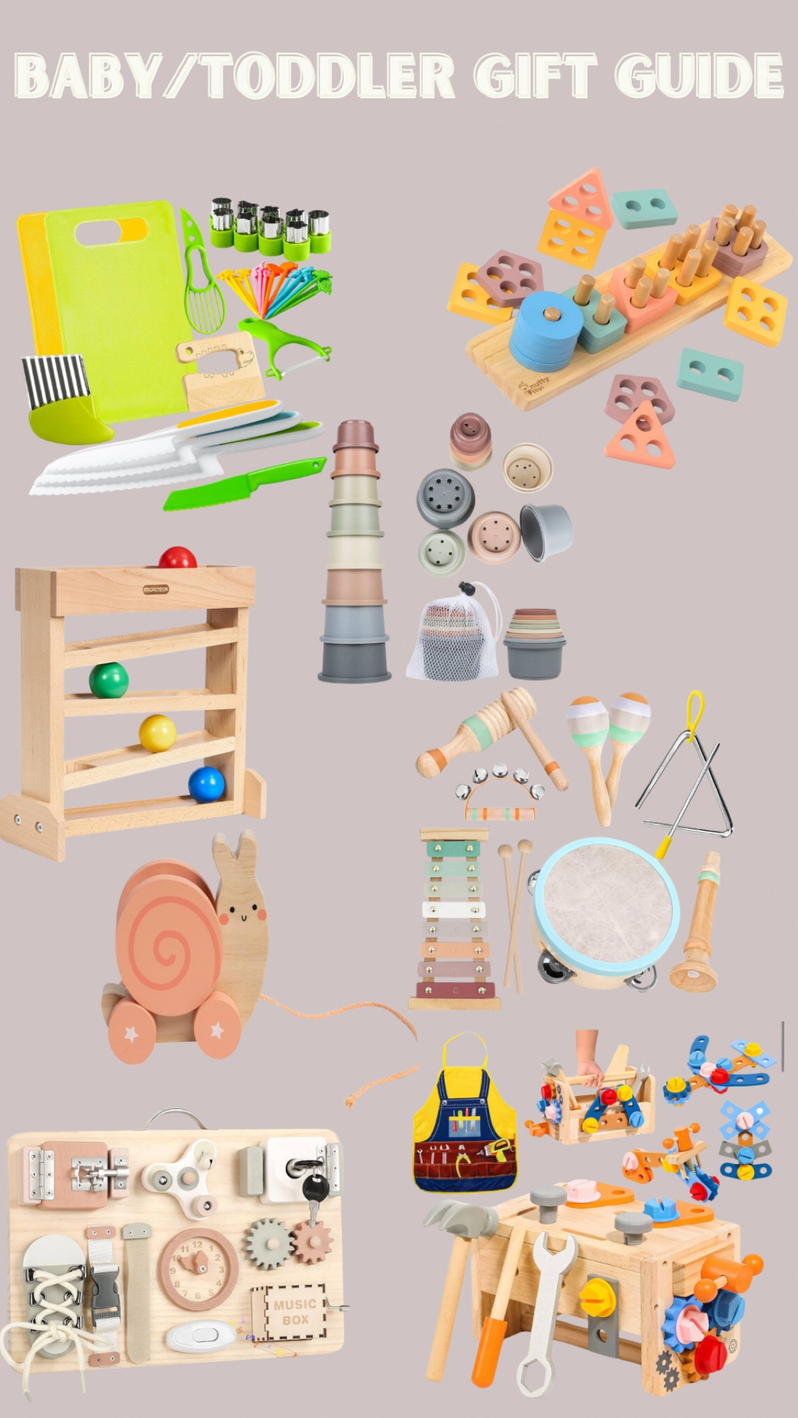 baby/toddler gift guide (amazon)
•
a lot on sale!
•
products featured:
stacking cups that can be used in the bath, at the beach, or just regular playtime. 
the viral cutting board/kitchen helped set
stacking puzzle
ball drop toy
pull along snail
montessori musical set
Montessori busy board for playtime or the car  (that’s what i’m getting it for so we can cut out more screen time.)
& a wooden tool box set

#LTKCyberWeek #LTKHoliday #LTKGiftGuide