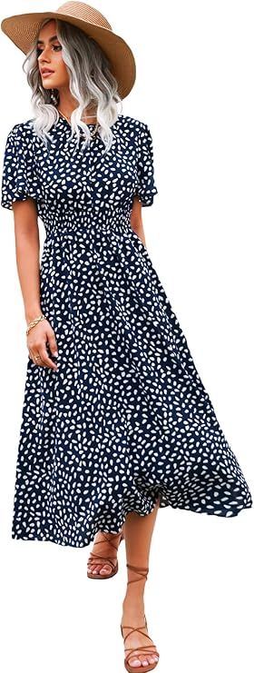 Floerns Women's Short Sleeve Boho Floral Dress A Line Smocked Midi Dress | Amazon (US)