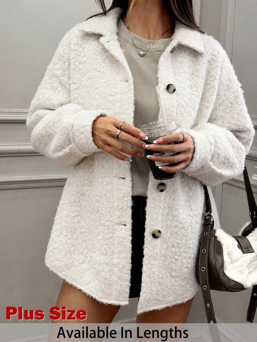 SHEIN Tall CURVE Plus Size White Fuzzy Woven Ladies Jacket/Winter | SHEIN