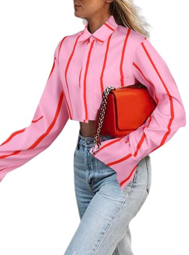 Remidoo Women's Casual Striped Cropped Button Down Shirt Long Sleeve Crop Top Blouse Pink Small | Amazon (US)