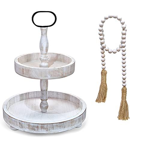 Farmhouse Tiered Tray with Beads Home Decor, Round 2 Tier Tray Cupcake Server, Wooden Tiered Tray De | Amazon (US)